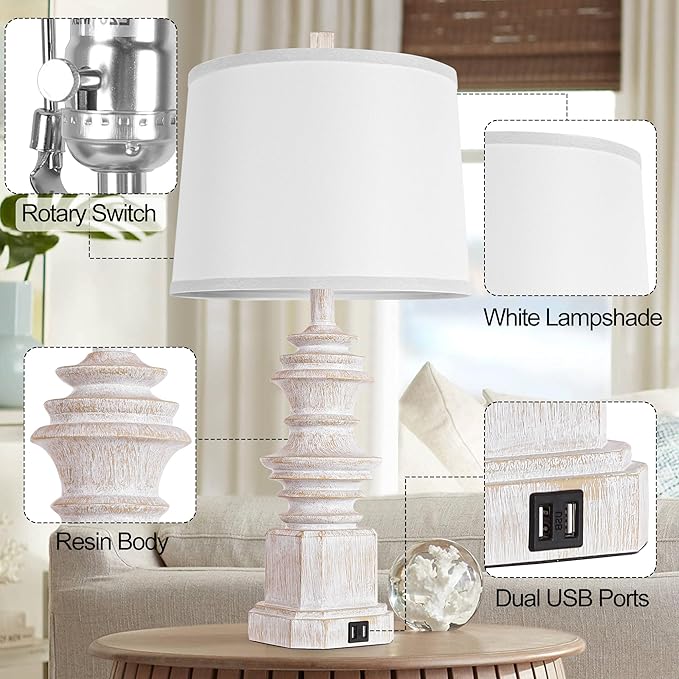 QiMH Table Lamps for Nightstand Set of 2, Bedside Lamp with Dual USB Charging Ports, Farmhouse Decor Table Lamps with White Linen Lampshade for Living Room, Bedroom Lamps with LED Bulbs, White