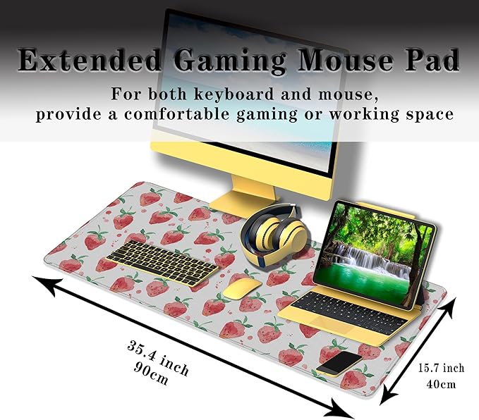 XXL Keyboard Pad Red Mouse Mat, Gaming Mouse Pads Big Mouse Pad, Modern Desk Pad Waterproof Non-Slip Rubber Base, 35.4 X 15.7 inch for Work/Game/Office/Home Summer Fruits Strawberry Leaves