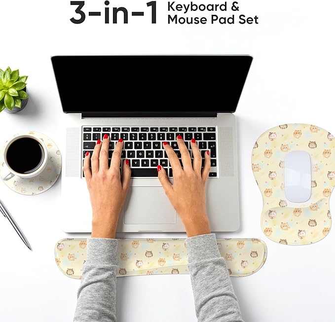 Wrist Rest Support for Mouse Pad Keyboard Set Circle Coaster Gaming Mouse Pad Ergonomic Gel Memory Foam Set for Computer, Laptop, Office, Comfortably Typing Cat KM-35