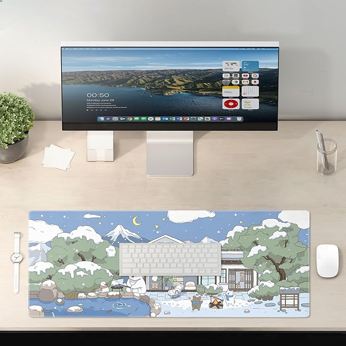 Kawaii Mouse Pad Large Desk Mat Extended Keyboard Mouse Pad Cute Mousepad with Non-Slip Base and Stitched Edge Funny Bear Mouse Mat Desk Pad 31.5 x 11.8 in Mouse Pads for Desk Decor Home Office Gaming