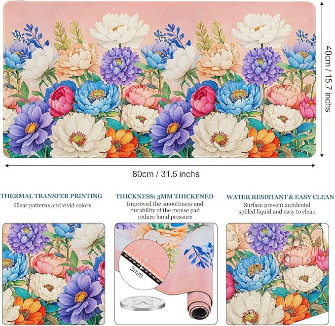 Desk Pad Peony Flowers, Desk Matt for Desktop Women Girls Floral Gaming Mouse pad Extend XXL Large Anti-Slip with Stitched Edges Waterproof Computer Laptop Keyboard Mat for Gaming, Home, Work, Office