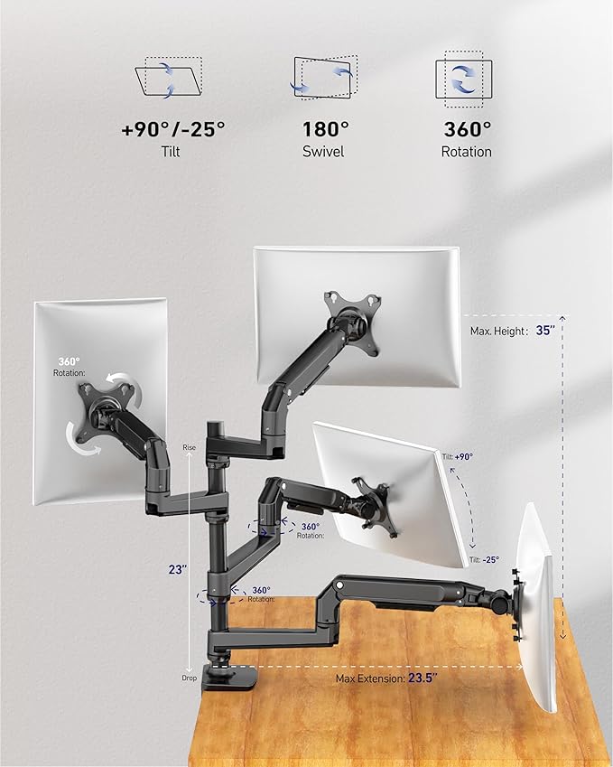 Quad Monitor Mount, Holds Screens up to 40 Inches and 25 lbs, Fully Adjustable 4 Monitor Stand with C-Clamp and Grommet Base, Aluminum, Black