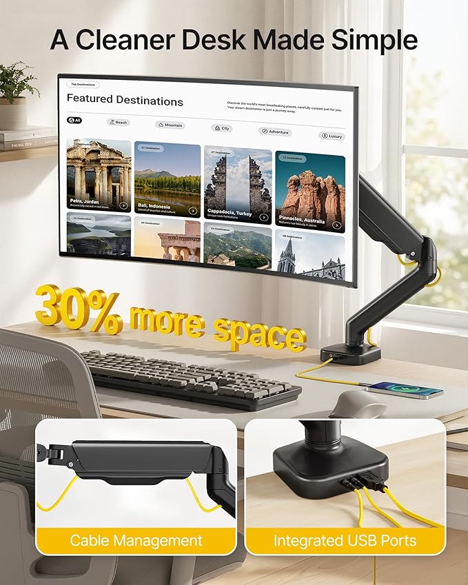 monTEK Single Monitor Arm with USB Fully Adjustable Monitor Mount Fits 17-32 inch Screens Desk Monitor Stand up to 19.8lbs with Clamp/Grommet, Cable Management, Quick Release Plate, VESA 75/100mm
