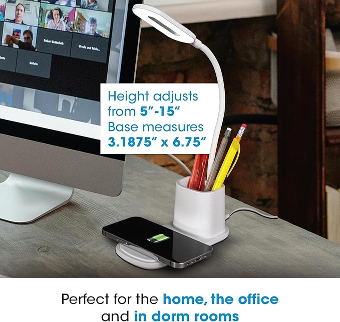 OttLite Organizer LED Desk Lamp with Wireless Charging - 3 Color Temperatures, Dimmable with Touch Activated Controls, Flexible Neck - Includes Storage Area for Desk Supplies