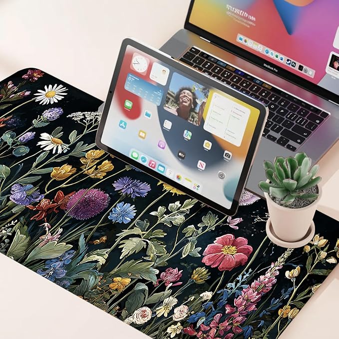 Desk Mat, XXL Extended Gaming Pad for Desktop, 35x16 Inches Vibrant Floral Colorful Flower Bouquet, Large Non-Slip Vegan Leather Surface with Stitched Edges, Keyboard Mouse Mat for Home Office