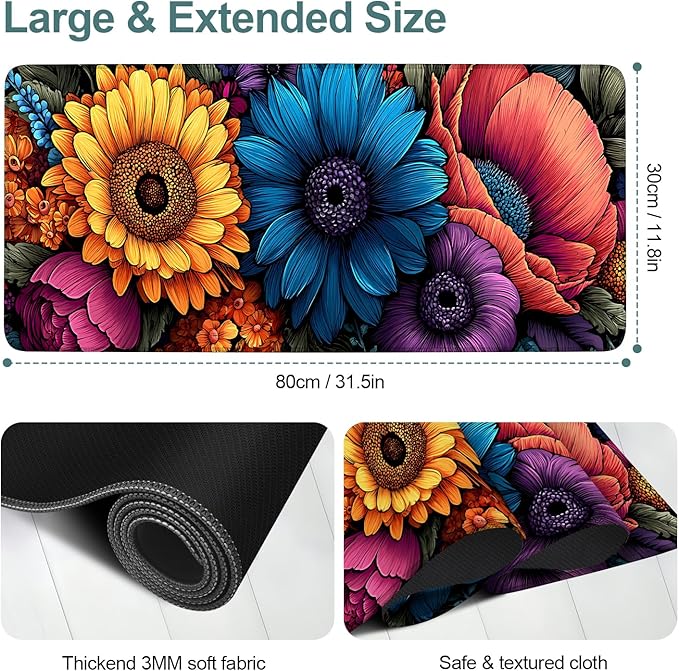Spring Flowers Extended Gaming Mouse Pad 31.5x11.8inches Large Desk Mat Anti-Slip Rubber Base & Durable Stitched Edges for Gamers Smooth Mouse Writing Surface for Desk Office/Home
