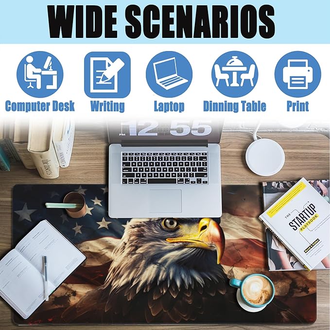 Desk Mat,American Bald Eagle Large Gaming Mouse Pad for Desk XXL,USA Flag Eagle Desk Pad,Extended Big Computer Keyboard Mouse Pad with Non-Slip Base and Stitched Edge 35.4"x15.7"