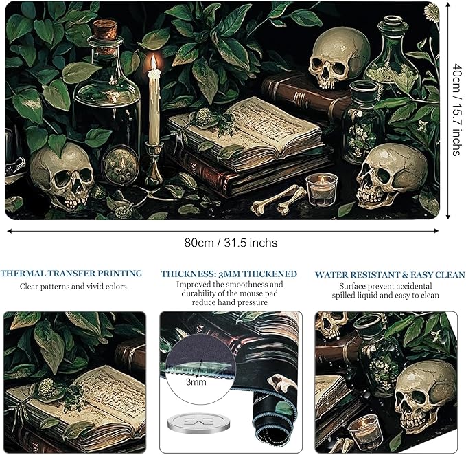 Gothic Botanical Desk Pad, Library Skull Large Gaming Mouse Pad, XXL Desk Mat Anti-Slip Waterproof Big Mousepad with Stitched Edges, Keyboard Mouse Mat for PC, Laptop, Work, Office, Home