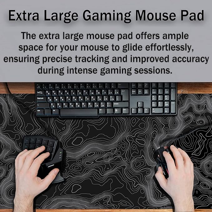 Computer Desk Pad - Black and White, Gaming Keyboard and Mouse Pad, Non-Slip Rubber Base, 35.4 X 15.7 inch for Work/Game/Office Topographic Map