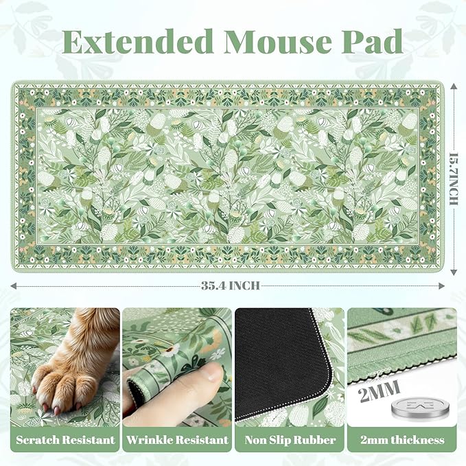 Large Mouse Pad for Desktop, Cute Desk Mat Pad Protector for Work, Aesthetic Pretty Anti-Slip Keyboard Cover for Office School Home Supplies, Green Floral, 35.4" x 15.7"