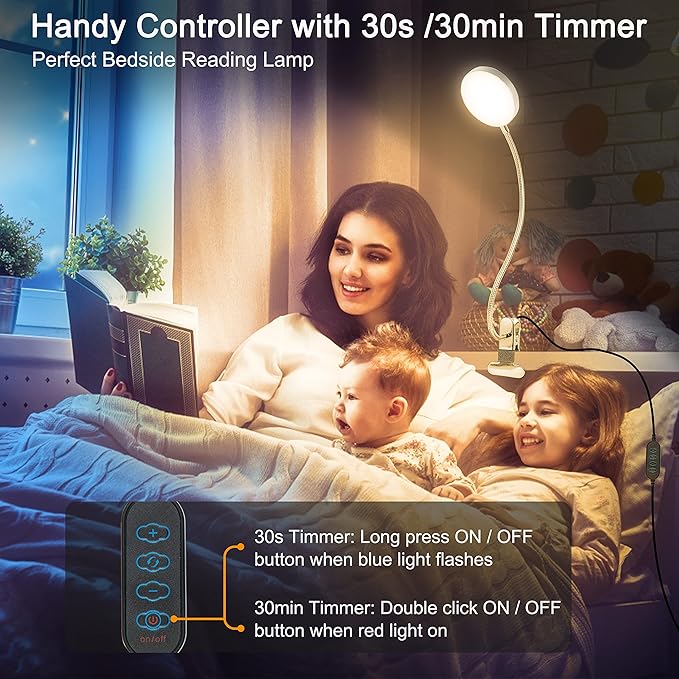 Clip-on Lamp Reading Light - 5 Color Modes, 10 Brightness Levels, 8W, 66 LED, Eye-Caring Metal Clamp Light with Gooseneck for Bed, Headboard, Desk, Video Conferencing, Makeup