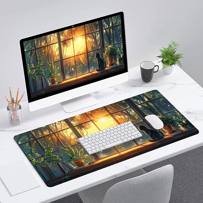Cute Black Cat Desk Pad Mouse Pad Green Plants Aesthetic Kawaii Anime Mousepad XL Large Gaming Mouse Pad Laptop Keyboard Mat Desk Pad Office Home Decor for Women Girl 31.5"x11.8"