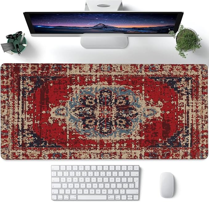 Desk Mat,Boho Carpet Style Large Gaming Mouse Pad for Desk XXL,Bohemian Rug Desk Pad,Extended Big Computer Keyboard Mouse Pad with Non-Slip Base and Stitched Edges 35.4"x15.7"