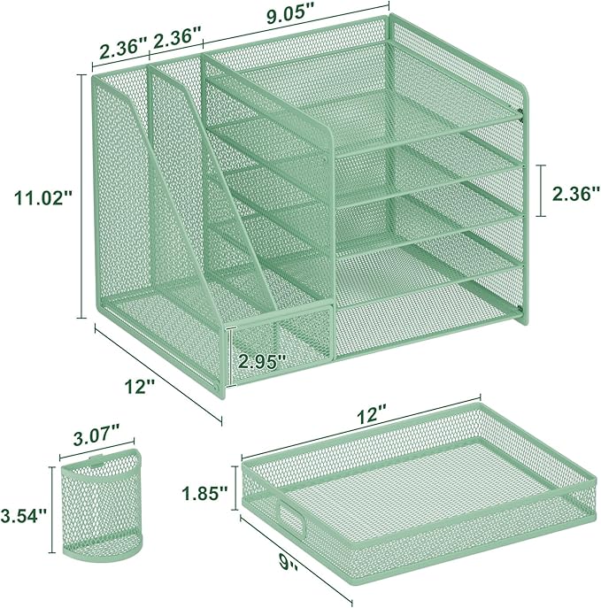 Marbrasse Desk Organizer with File Holder, 5-Tier Paper Letter Tray Organizer with Drawer and 2 Pen Holder, Mesh Desktop Organizer and Storage with Magazine Holder for Office Supplies (Green)