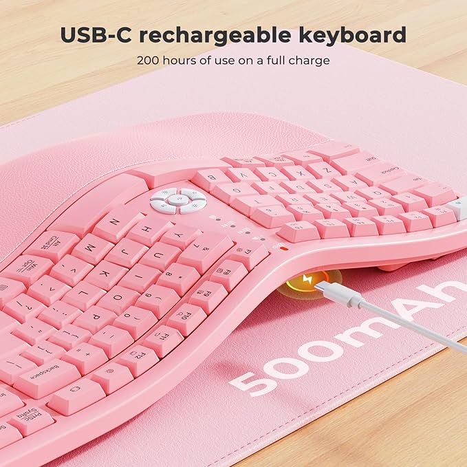 MEETION Ergonomic Keyboard with Cushioned Wrist Rest, Bluetooth Wireless Keyboard Rechargeable, Split Curved Keyboards Natural Typing, Full Size Multi-OS Windows/Mac, Computer/Laptop/Tablet/, Pink
