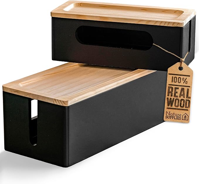 [Pack of 2] Wooden Cable Storage Box, Large Storage Stand for Desk, TV, Computer, USB Hub