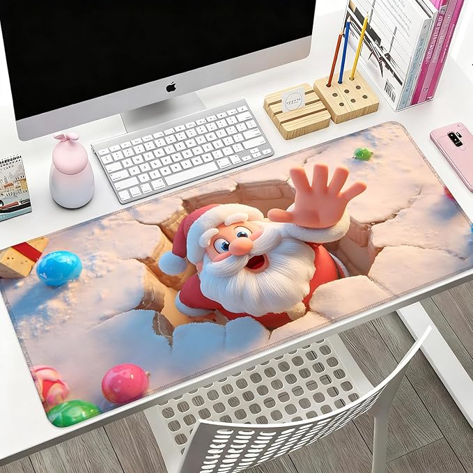 Desk Mat, XXL Extended Gaming Pad for Desktop, 35x16 Inches Santa Breaking Through Wall, Large Non-Slip Vegan Leather Surface with Stitched Edges, Keyboard Mouse Mat for Home Office