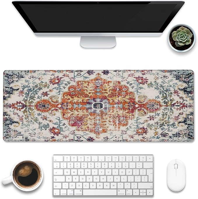 Large Gaming Mouse Pad for Desk,Boho Carpet Style Desk Mat for Desktop,Boho Rug Desk Pad, Extended Big Computer Keyboard Mouse Pad with Non-Slip Base and Stitched Edges 31.5"x11.8"