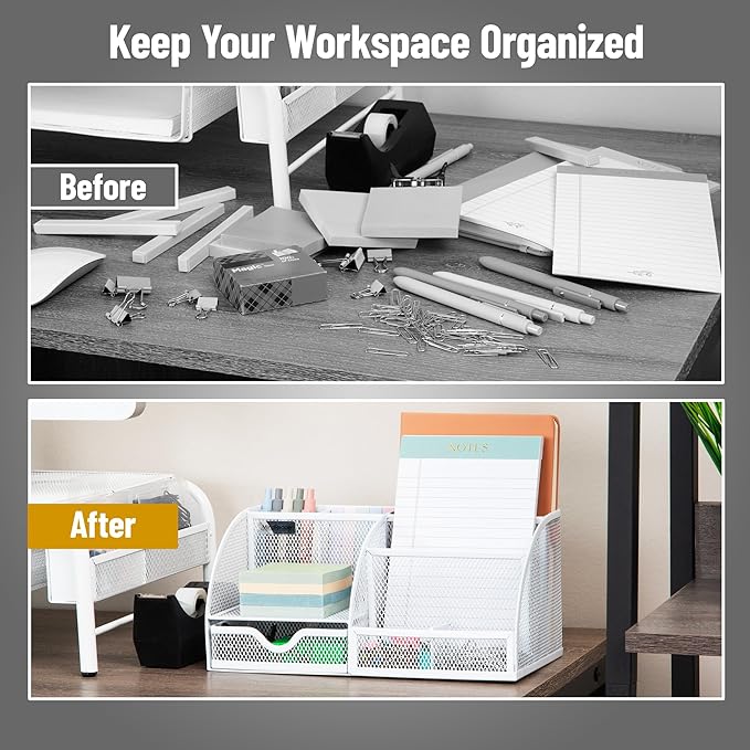 Mind Reader 7-Compartment Desktop Organizer, File & Accessory Storage, Metal Mesh Office Organizer for Desk, Workspace, Mail, White