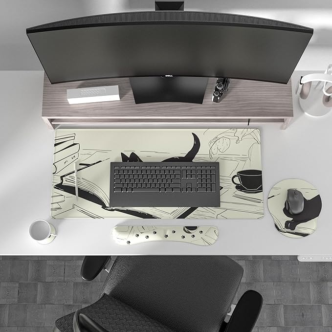 Ovenbird Mouse Pad Set 4-in-1 | Large Gaming Mousepad, Keyboard Wrist Rest, Mouse Wrist Support, Coaster | Ergonomic Office Desk Mat Accessories for Women Men | 4PCS, 35.4 x 15.7in, Black Cat