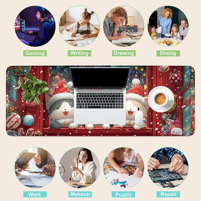 Desk Mat, XXL Extended Gaming Pad for Desktop, 31x12 Inches Cats in Santa Hats at Window, Large Non-Slip Vegan Leather Keyboard Mouse Mat for Home Office