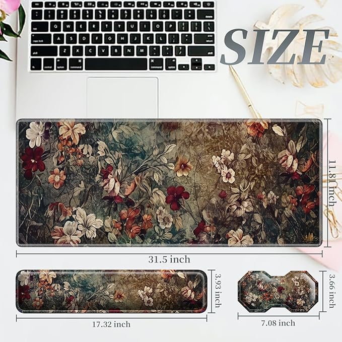 3Pcs Mouse Pad Set, Dark Art Flowers Large Gaming Mouse Pad with Stitched Edge, Ergonomic Memory Foam Keyboard Wrist Support and Mouse Wrist Rest Cushion, Pain Relief Non-Slip Desk Pad Combo