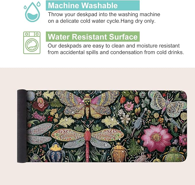 Desk Mat, XXL Extended Gaming Pad for Desktop, 31x12 Inches Butterflies and Dragonflies Garden Scene, Large Non-Slip Vegan Leather Keyboard Mouse Mat for Home Office