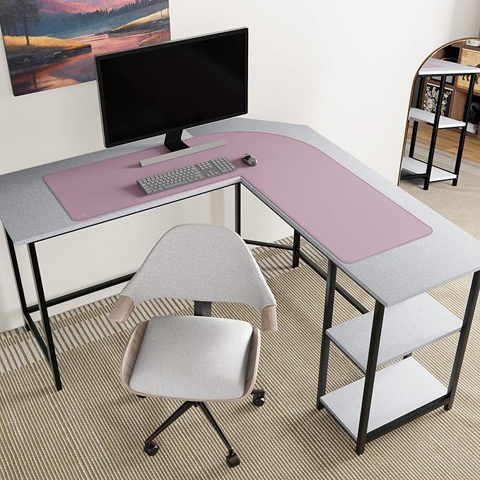 Vyaaa L-Shaped Leather Desk Pad, Two Tone Gaming Mouse Pad for Corner Desk Mat, Office and Home, 43 x 43 x 15.7 Inch, Pink and Green