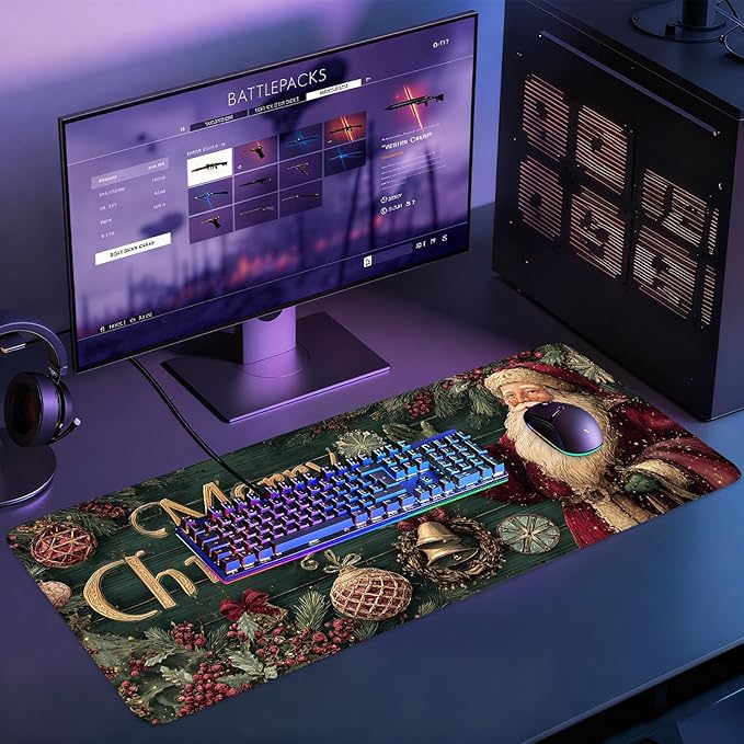 Desk Mat, XXL Extended Gaming Pad for Desktop, 35x16 Inches Vintage Santa, Large Non-Slip Vegan Leather Keyboard Mouse Mat for Home Office