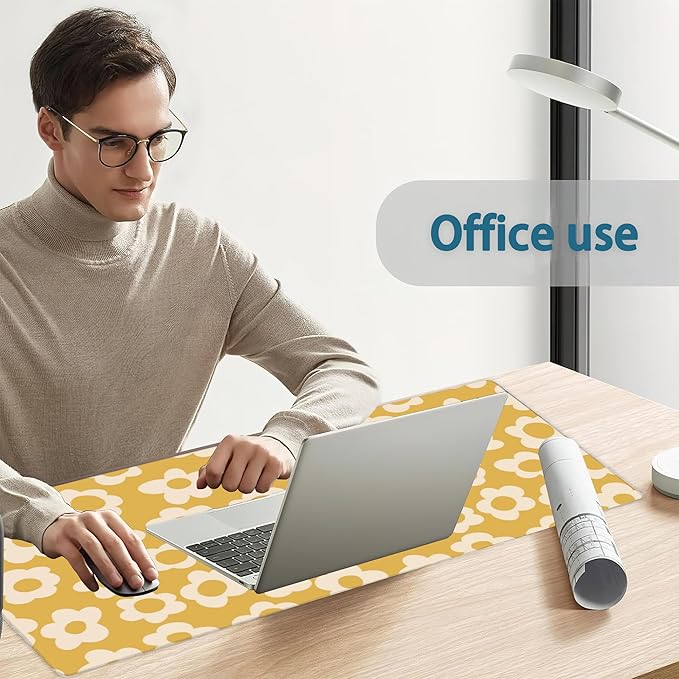 Desk Mat, Vintage Groovy Yellow Flowers Extended Gaming Mouse Pad Large, Big Desk Mat with Non-Slip Base and Stitched Edge, Long Computer Keyboard Mouse Mat for Home Office Work 31.5"x15.7"