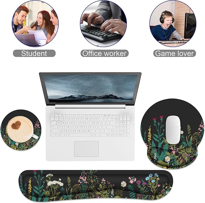 Ergonomic Mouse Pad with Wrist Rest and Keyboard Wrist Rest, Memory Foam Wrist Rest for Computer Keyboard, Easy Typing, Mouse Pad Wrist Support for Gaming,Office, Laptop, Black Flower