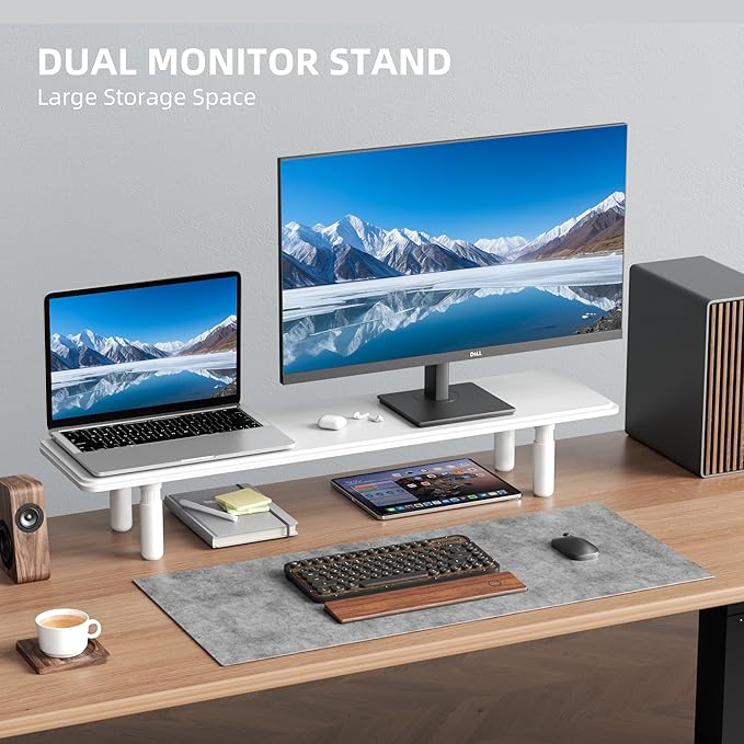 Dual Monitor Stand for Desk, Adjustable Height Wood Computer Riser, Ergonomic Monitor Shelf for Laptop, Printer, TV, Black - Large Storage Space, Sturdy Desk Organizer for Home & Office,White