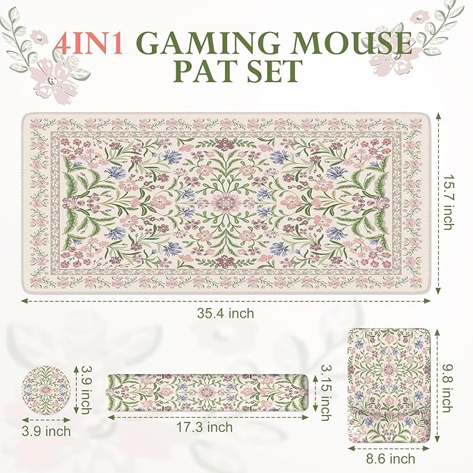 iLeadon Purple Desk Mat Set, Soft Mouse Pad Wrist Support, Anti-Fatigue Keyboard Pad with Wrist Support, Non Slip Long Floral Mouse Pad for Desktop, Teacher Desk Mat with Coaster for Office Women