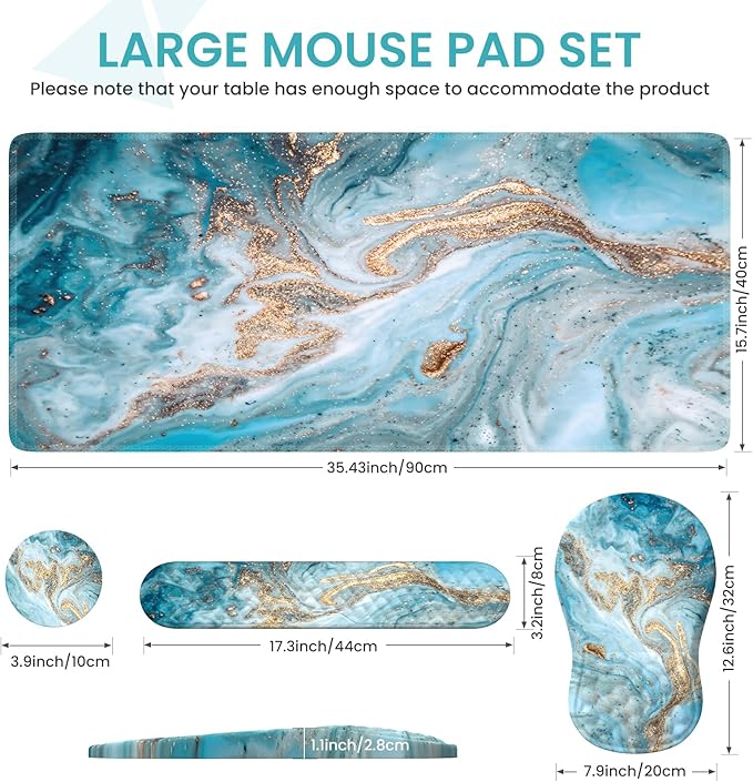 Desk Mat for Keyboard and Mouse, Large Mouse Pad with Wrist Rest and Keyboard Pad, 4PCS Keyboard Wrist Support, Computer Mousepad for Laptop, Teal Blue Turquoise Marble