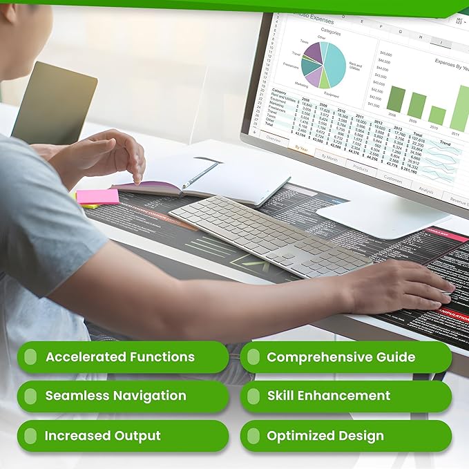 Large Excel Cheat Sheet Desk Pad | Excel Pad Shortcut Keys Mouse Mat - Extended Office Excel Mouse Pad with Excel Shortcuts & Formulas | Waterproof | XL Giant Deskpad for Desk 35.5" x 15.7"