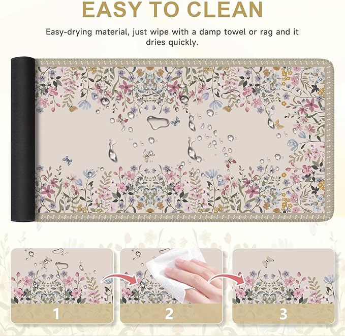 iCasso Floral Desk Mat for Keyboard and Mouse,Cute Gaming Mouse Pad XXL,Anti-Slip Desk Matt for Desktop,Soft Lycra Surface Computer Mat Women,Girly Big Mousepad for Home Office (Beige)