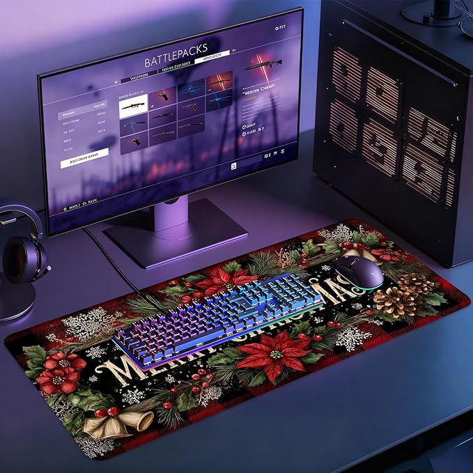 Desk Mat, XXL Extended Gaming Pad for Desktop, 35x16 Inches Floral with Flowers, Large Non-Slip Vegan Leather Surface with Stitched Edges, Keyboard Mouse Mat for Home Office