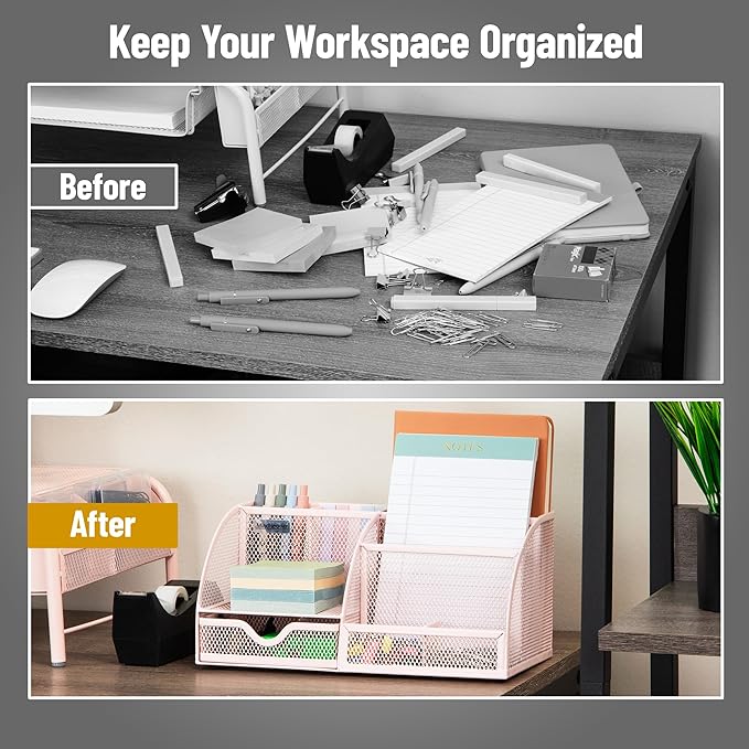 Mind Reader 7-Compartment Desktop Organizer, File & Accessory Storage, Metal Mesh Office Organizer for Desk, Workspace, Mail, Pink