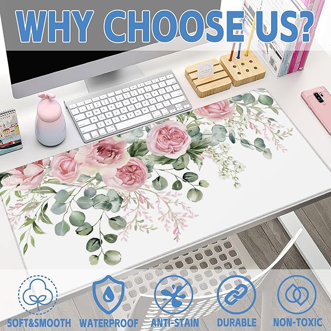 Desk Mat,Peony Flowers and Eucalyptus Leaves Large Gaming Mouse Pad for Desk XXL,Pink Floral Desk Pad,Extended Big Computer Keyboard Mouse Pad with Non-Slip Base Stitched Edges 35.4"x15.7"