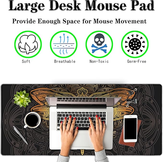 Gaming Desk Mats Gold, Desk Mouse Pad Extra Large Mouse Pads, Pad for Mouse Non-Slip Rubber Base Waterproof with Stitched Edges, 35.4 X 15.7 inch for Work/Game/Office/Home Dragonfly Mandala
