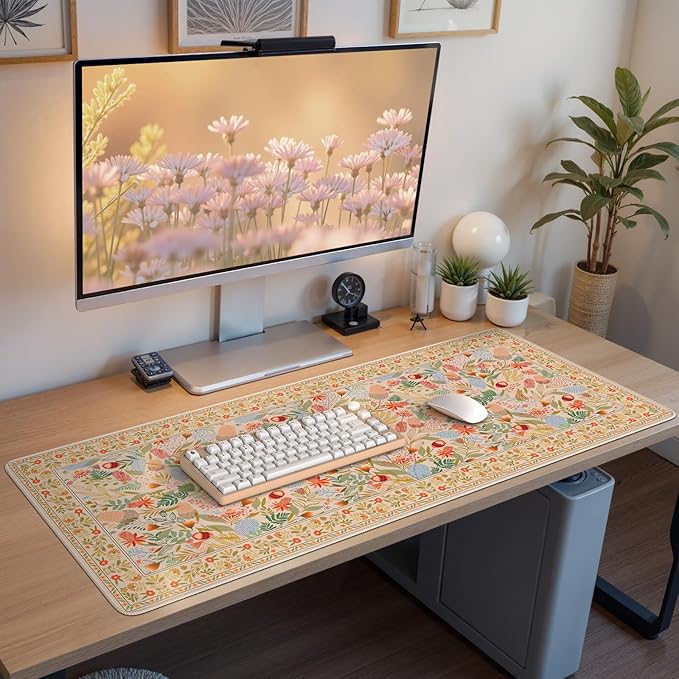 Large Mouse Pad for Desktop, Cute Desk Mat Pad Protector for Work & Gaming, Aesthetic Pretty Anti-Slip Laptop Blotter Cover for Office School Home Supplies, Orange Floral, 35.4" x 15.7"