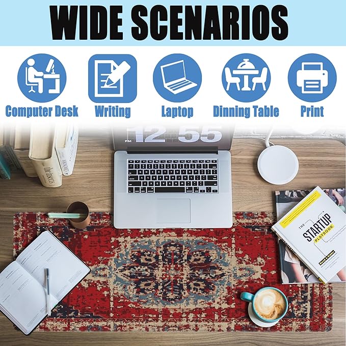 Desk Mat,Boho Carpet Style Large Gaming Mouse Pad XL,Boho Rug Desk Pad,Extended Big Computer Keyboard Mouse Pad with Non-Slip Base and Stitched Edges 31.5"x11.8"