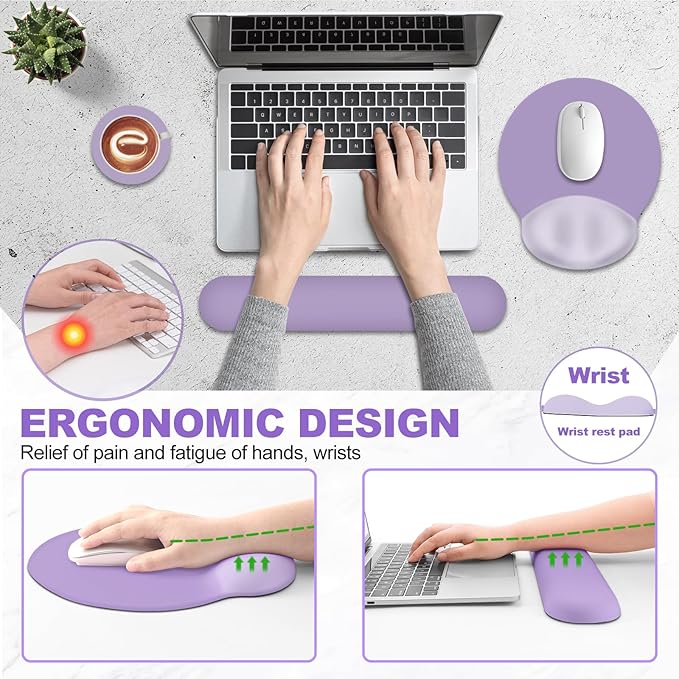 AIMSA Mouse Pad with Wrist Rest Support, Keyboard Wrist Rest Set, Ergonomic Memory Foam Mousepad for Computer Keyboard, Easy Typing and Pain Relief, Purple