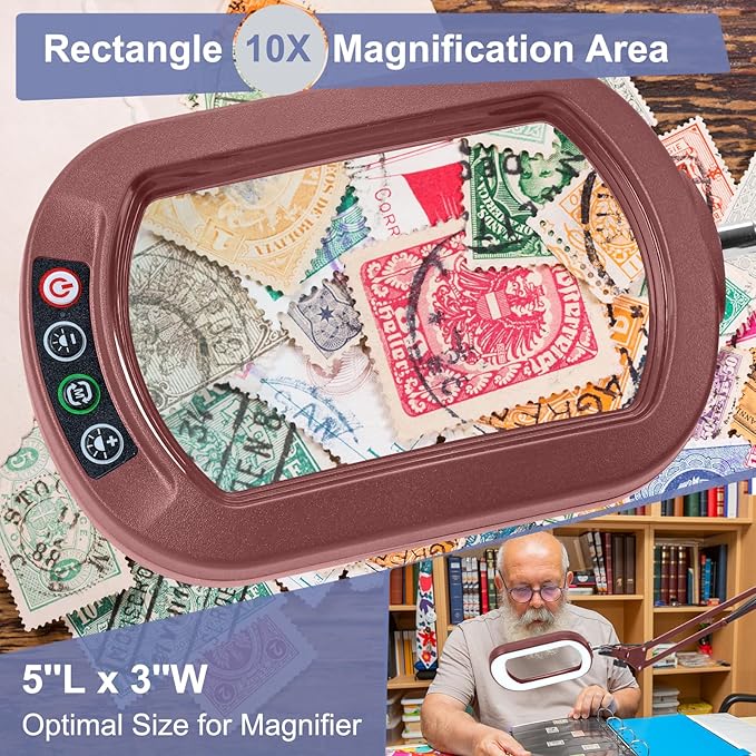 10X Large Magnifying Glass with Light and Clamp, Real Glass, 5 Color Modes, Stepless Dimmable, Lighted Magnifier with Stand Hands Free, LED Swing Arm Desk Lamp for Close Work, Craft, Reading - Red