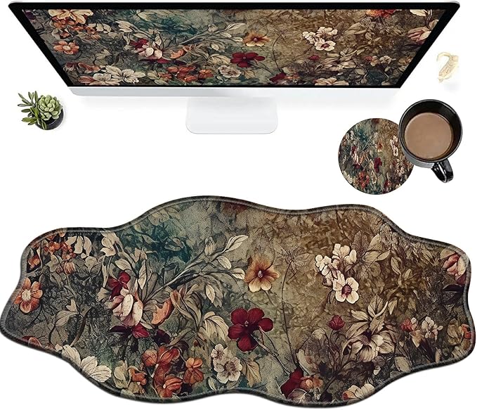 Dark Art Flowers Large Gaming Mouse Pad Plus a Coaster, 35.4 x 15.7 inches Desk Mat Extended XXL Mousepad with Stitched Edge Non-Slip Rubber, Desk Pad Computer Mouse Mat for Home Office