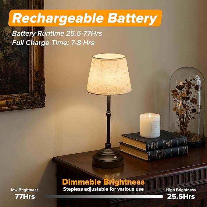 2 Pack Cordless Table Lamp, Rechargeable Desk Lamp with Fabric Shade, Battery Operated Lamp 3 Color Stepless Dimming, Small Touch Bedside Lamp Home Decor for Dining, Counter (Matte Black)