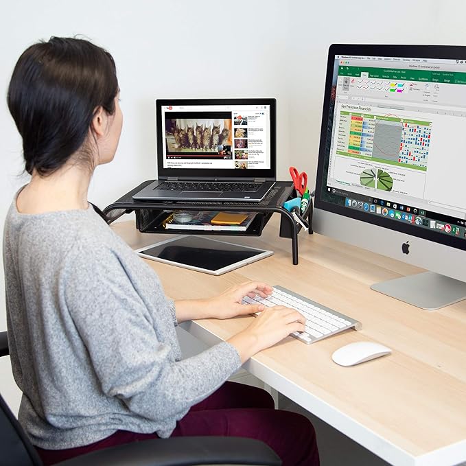Mount-It! Metal Mesh Monitor Stand with Drawer, Ergonomic Desk Organizer and Riser for Monitors and Laptops, Desktop Stand with Extra Storage and Side Pocket, Black