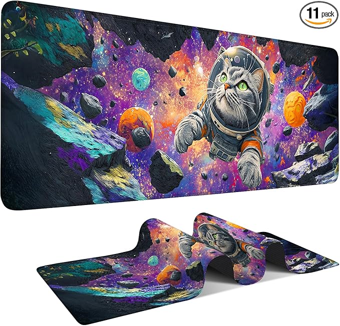 Cat Astronaut Extended Gaming Mouse Pad 31.5x11.8inches Large Desk Mat Anti-Slip Rubber Base & Durable Stitched Edges for Gamers Smooth Mouse Writing Surface for Desk Office/Home