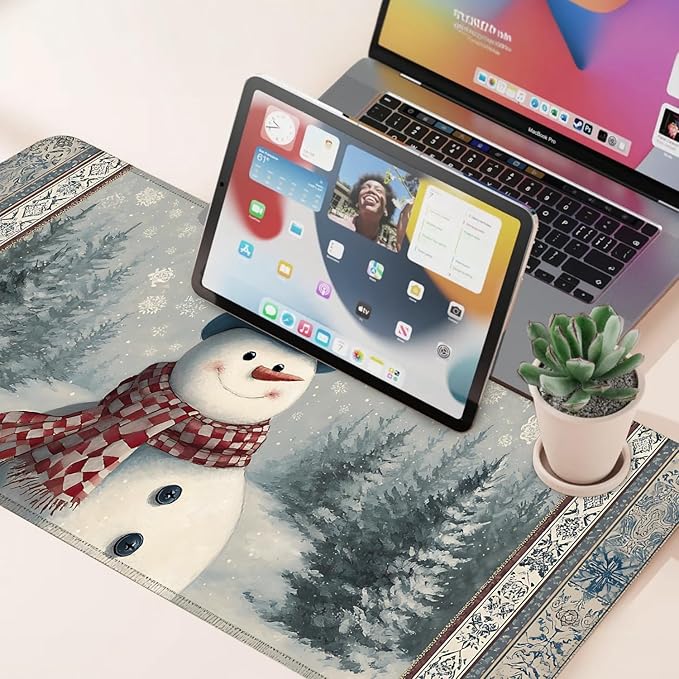Desk Mat, XXL Extended Gaming Pad for Desktop, 35x16 Inches Winter Snowman in Snowy Forest, Large Non-Slip Vegan Leather Surface with Stitched Edges, Keyboard Mouse Mat for Home Office