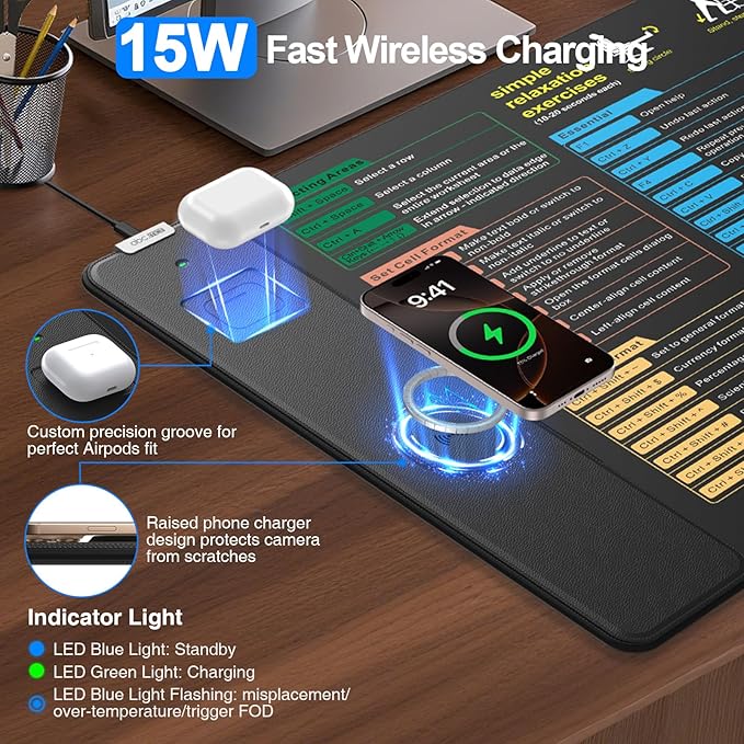 Excel Cheat Sheet Mouse Pad with Wireless Charging, 31.5"x15.8" Extended Excel Shortcuts Desk Pad, Waterproof Ultra-Smooth Keyboard Mat, Non-Slip Base, with 20W PD Adapter